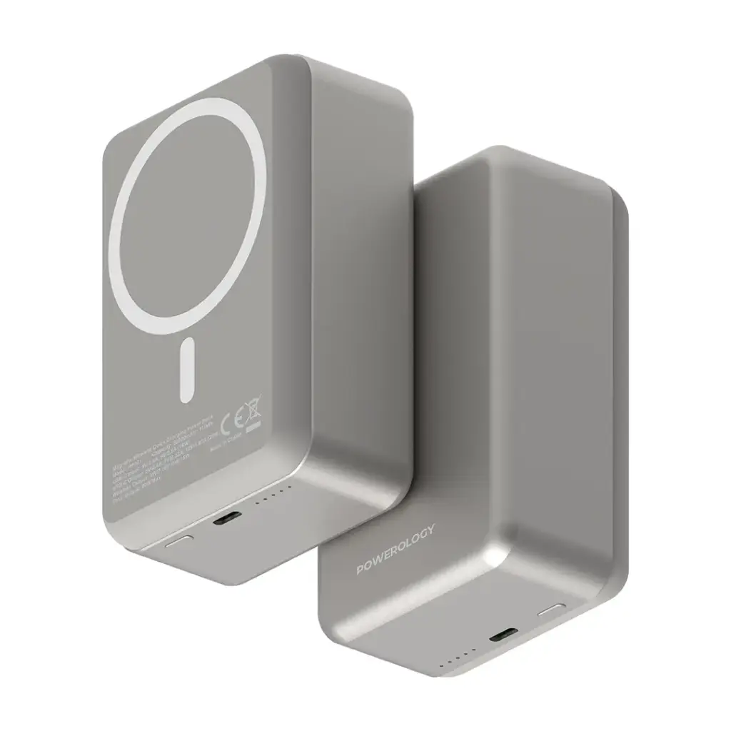 Powerology 20000mAh Magsafe Aluminum Power Bank

-Type-C Output: DC 5V-2.4A, 9V-2.22A, 12V-1.67A (20W)
-Battery Capacity: 20000mAh 38.5Wh 3.85V
-Type-C Input: DC 5V-2.4A, 9V-2.0A (18W)
Wireless Output:  5W, 7.5W, 10W, 15W
-Simultaneous Charging
-Battery Type: Li-polymer
-USB-C Output & Input
-Compact Design
-20W PD