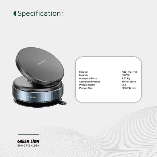 [GNMGFXSHLDBK] Green Lion Magno Flex Vacuum Suction Holder

-Adsorption Pressure: 18kPa–65kPa
-Adsorption Force: 1.83 Kg
-Material: ABS+PC+TPU
-Strong Suction Cup
-Magnets: N52*10
-Easy Installation
-Rotatable Base
-360° Rotation UniversalUniversal Black